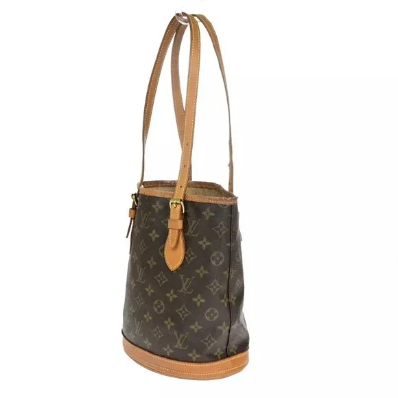 LOUIS VUITTON BUCKET PM Shoulder Tote Bag Monogram Leather Brown